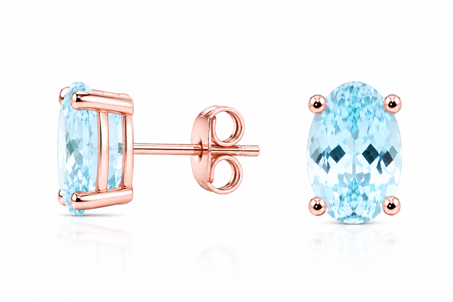 Side profile of natural aquamarine stud earrings showcasing sterling silver craftsmanship