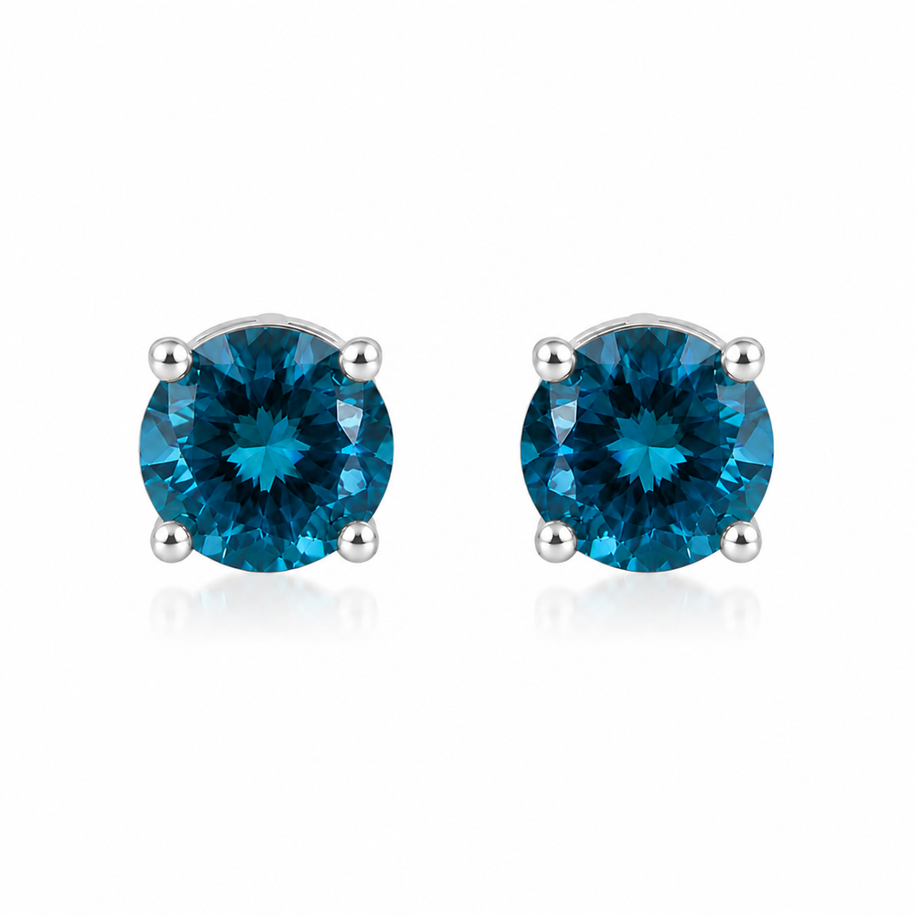 5mm round London Blue Topaz stud earrings in solid 925 sterling silver with four-prong settings on a white background