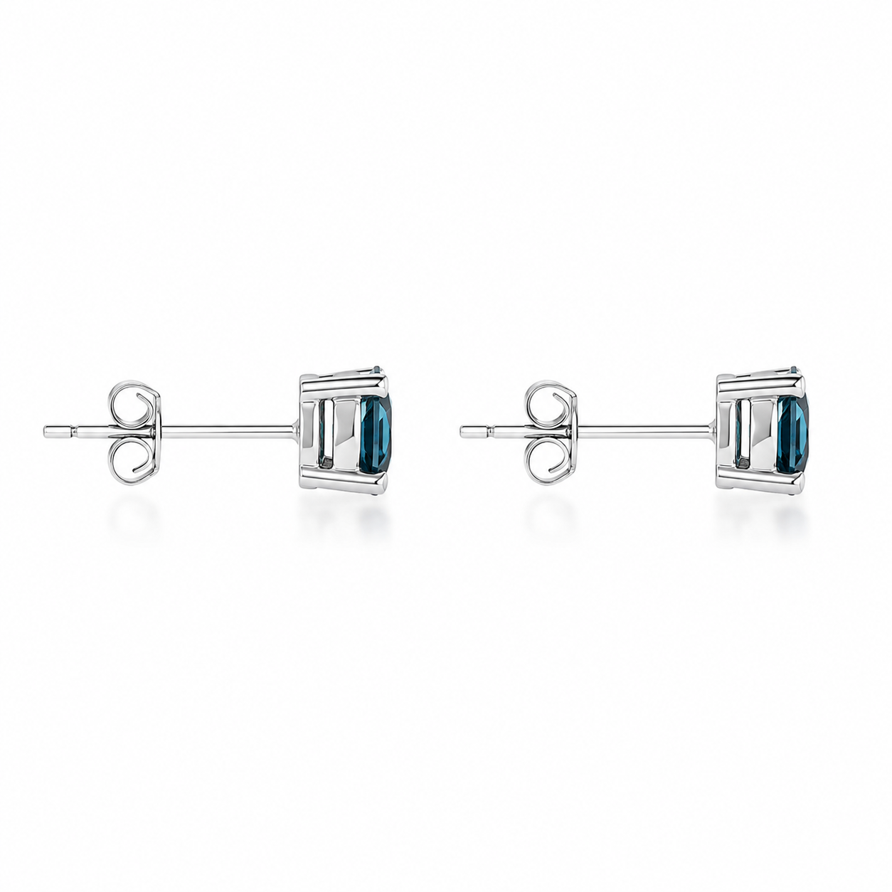5mm round London Blue Topaz stud earrings in solid 925 sterling silver with four-prong settings on a white background