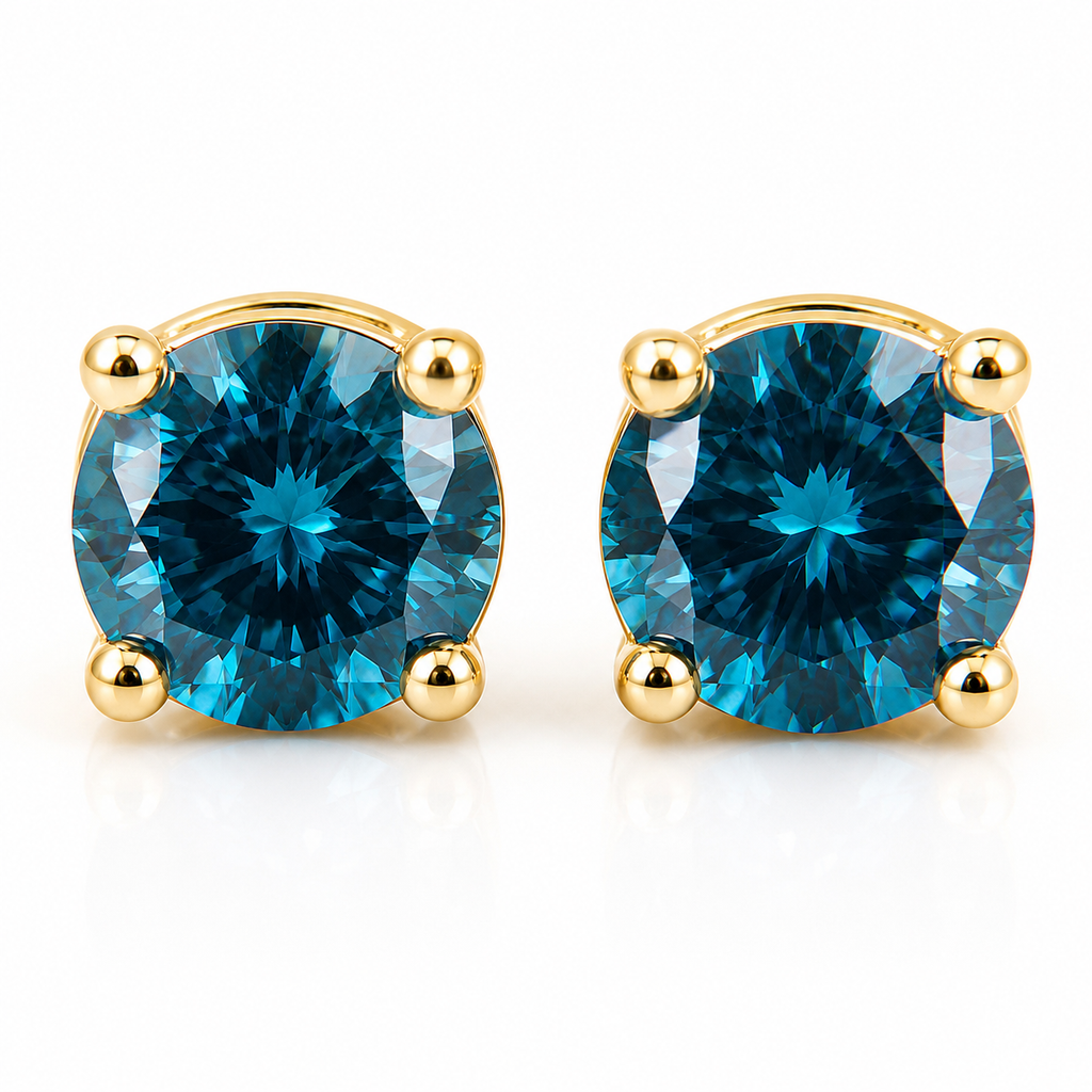 5mm round London Blue Topaz stud earrings in solid 925 sterling silver with four-prong settings on a white background