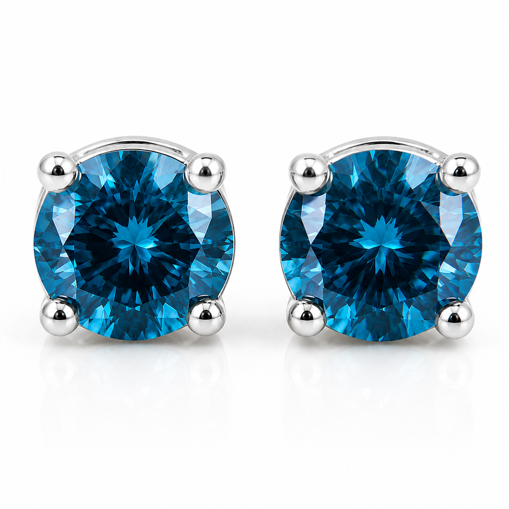 5mm round London Blue Topaz stud earrings in solid 925 sterling silver with four-prong settings on a white background