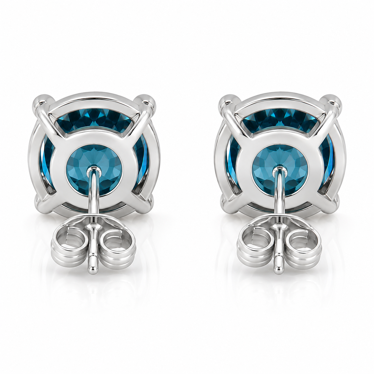 5mm round London Blue Topaz stud earrings in solid 925 sterling silver with four-prong settings on a white background