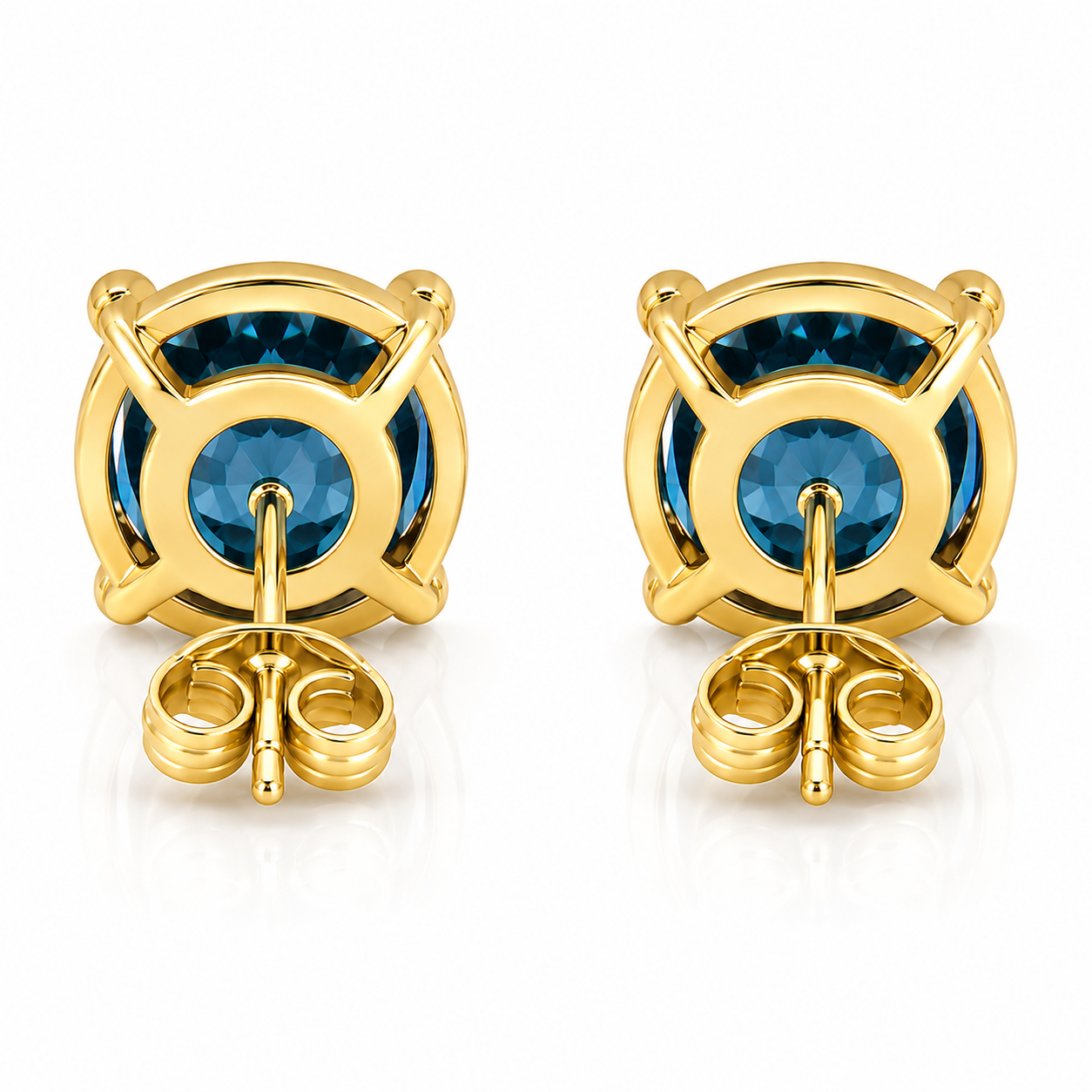 5mm round London Blue Topaz stud earrings in solid 925 sterling silver with four-prong settings on a white background