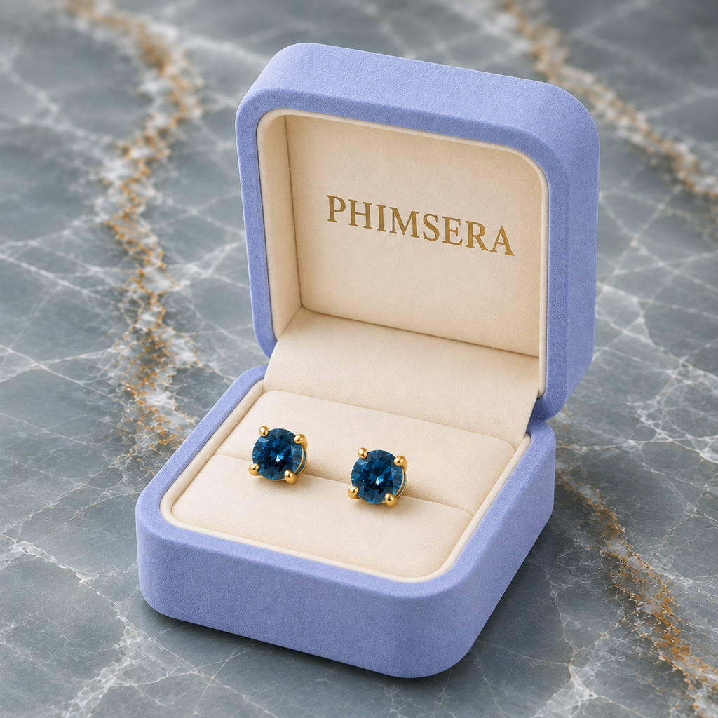5mm round London Blue Topaz stud earrings in solid 925 sterling silver with four-prong settings on a white background