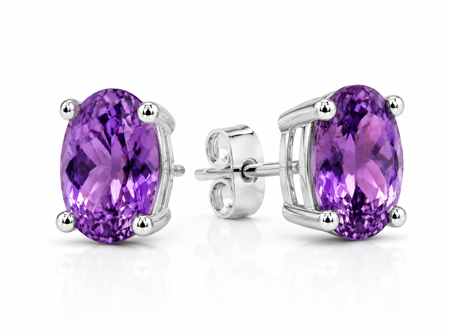 45-degree view of natural oval amethyst stud earrings in sterling silver