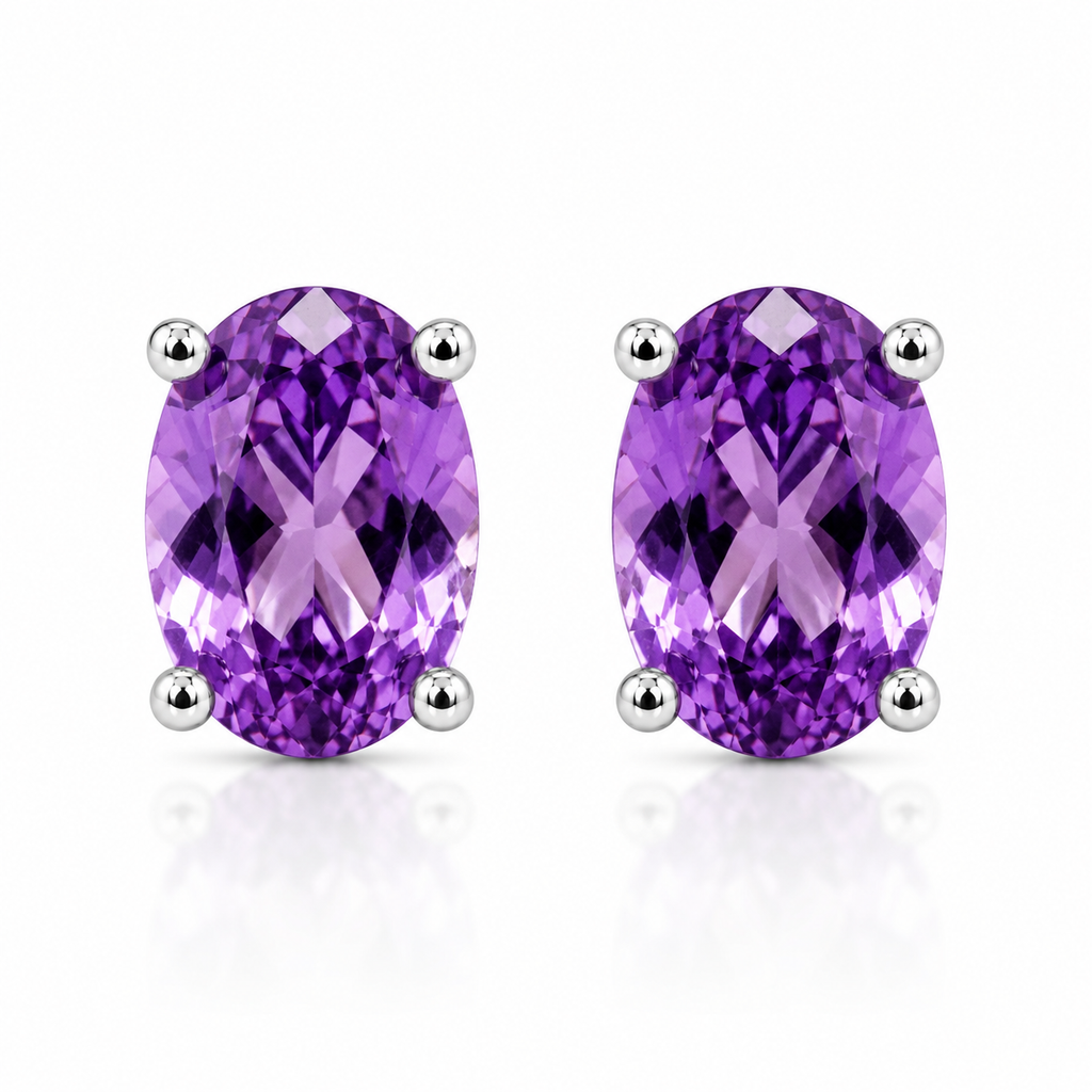 Natural 4x6mm oval amethyst stud earrings in 925 sterling silver with platinum plated finish