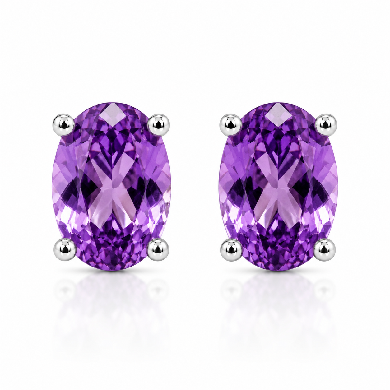 Natural 4x6mm oval amethyst stud earrings in 925 sterling silver with platinum plated finish