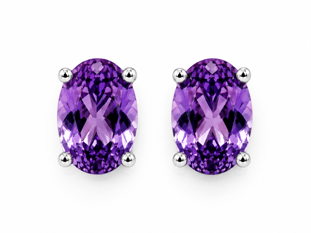 Top-down view of 4x6mm natural amethyst stud earrings
