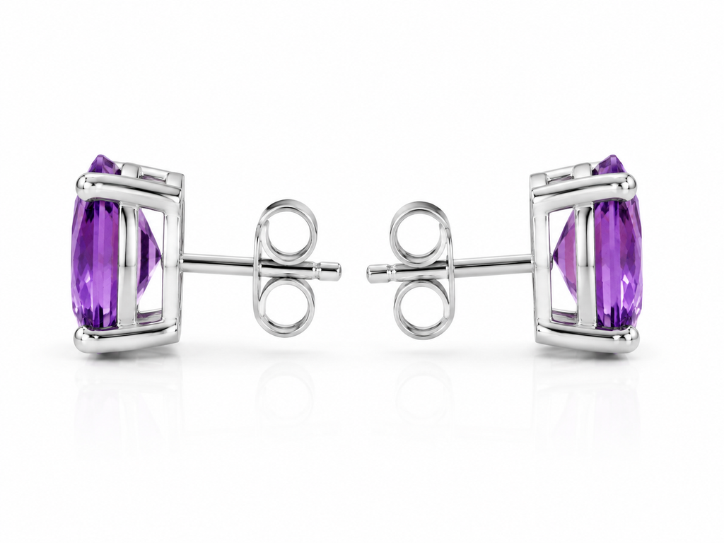 Side profile of natural amethyst stud earrings showing four-prong basket setting