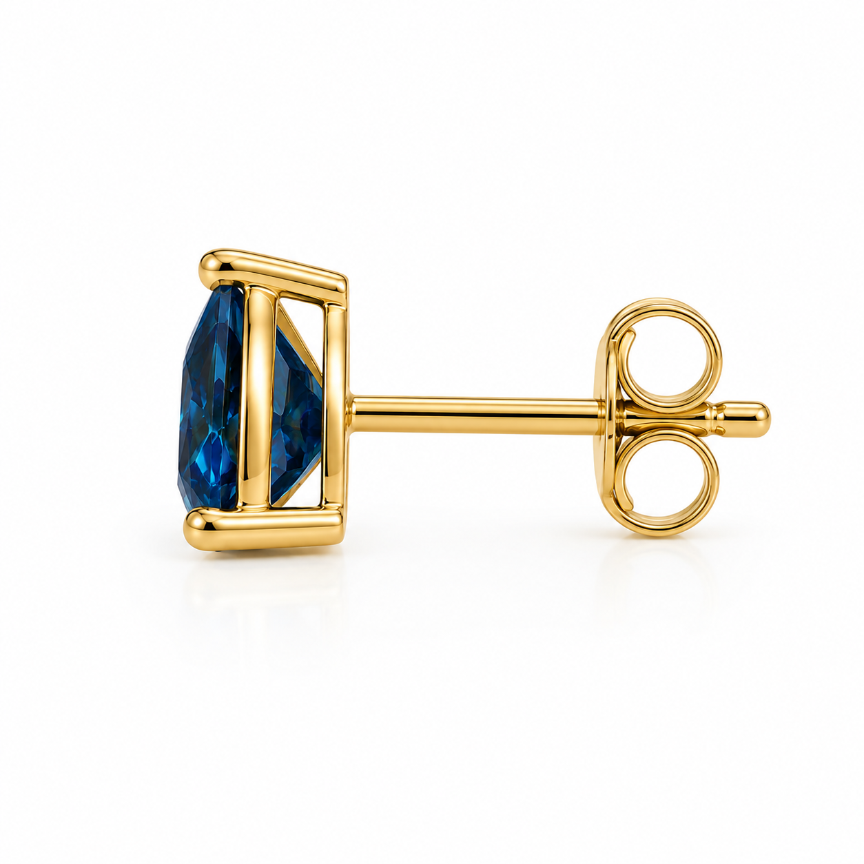 Natural 7mm trillion-cut London Blue Topaz stud earrings in solid 925 sterling silver with classic three-prong settings on a white background