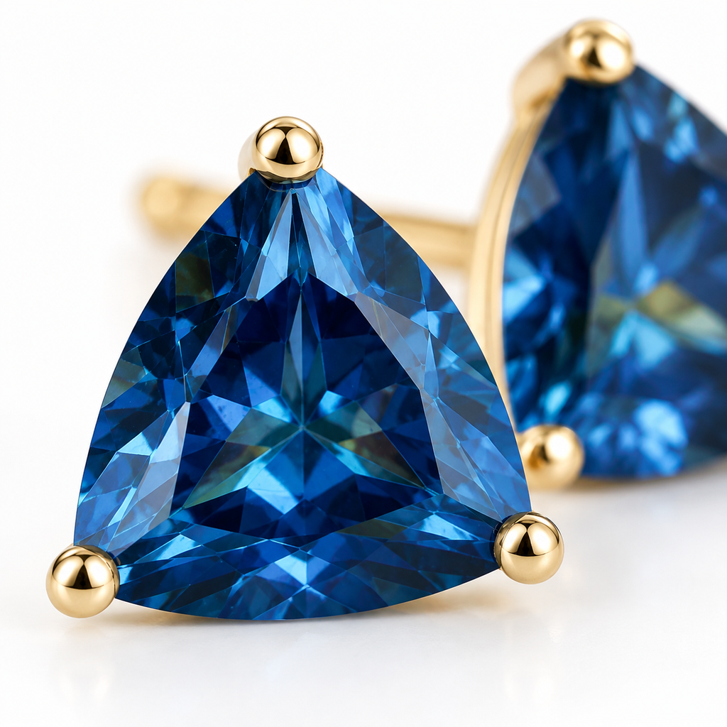 Natural 7mm trillion-cut London Blue Topaz stud earrings in solid 925 sterling silver with classic three-prong settings on a white background