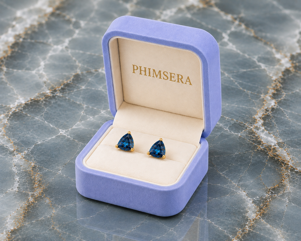 Natural 7mm trillion-cut London Blue Topaz stud earrings in solid 925 sterling silver with classic three-prong settings on a white background