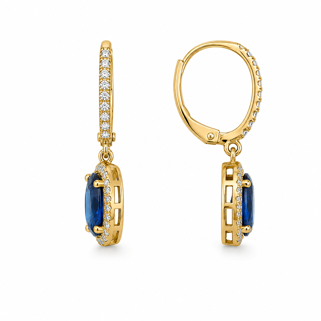 Natural 6x8mm oval London Blue Topaz halo dangle earrings in solid 925 sterling silver with secure leverback closures, available in platinum, yellow gold, or rose gold finish, presented in a PHIMSERA gift box.