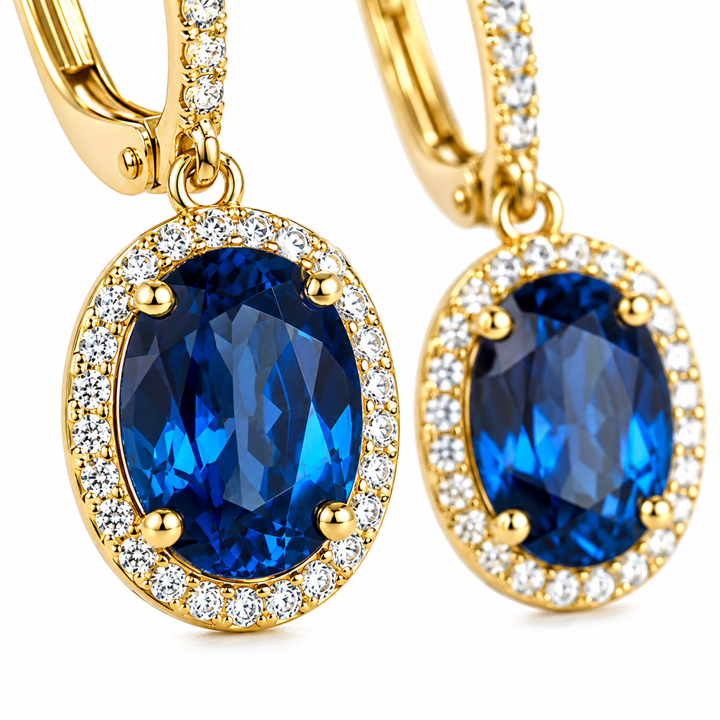Natural 6x8mm oval London Blue Topaz halo dangle earrings in solid 925 sterling silver with secure leverback closures, available in platinum, yellow gold, or rose gold finish, presented in a PHIMSERA gift box.