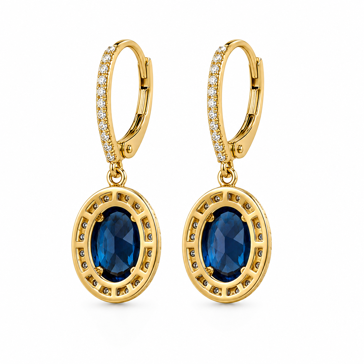 Natural 6x8mm oval London Blue Topaz halo dangle earrings in solid 925 sterling silver with secure leverback closures, available in platinum, yellow gold, or rose gold finish, presented in a PHIMSERA gift box.
