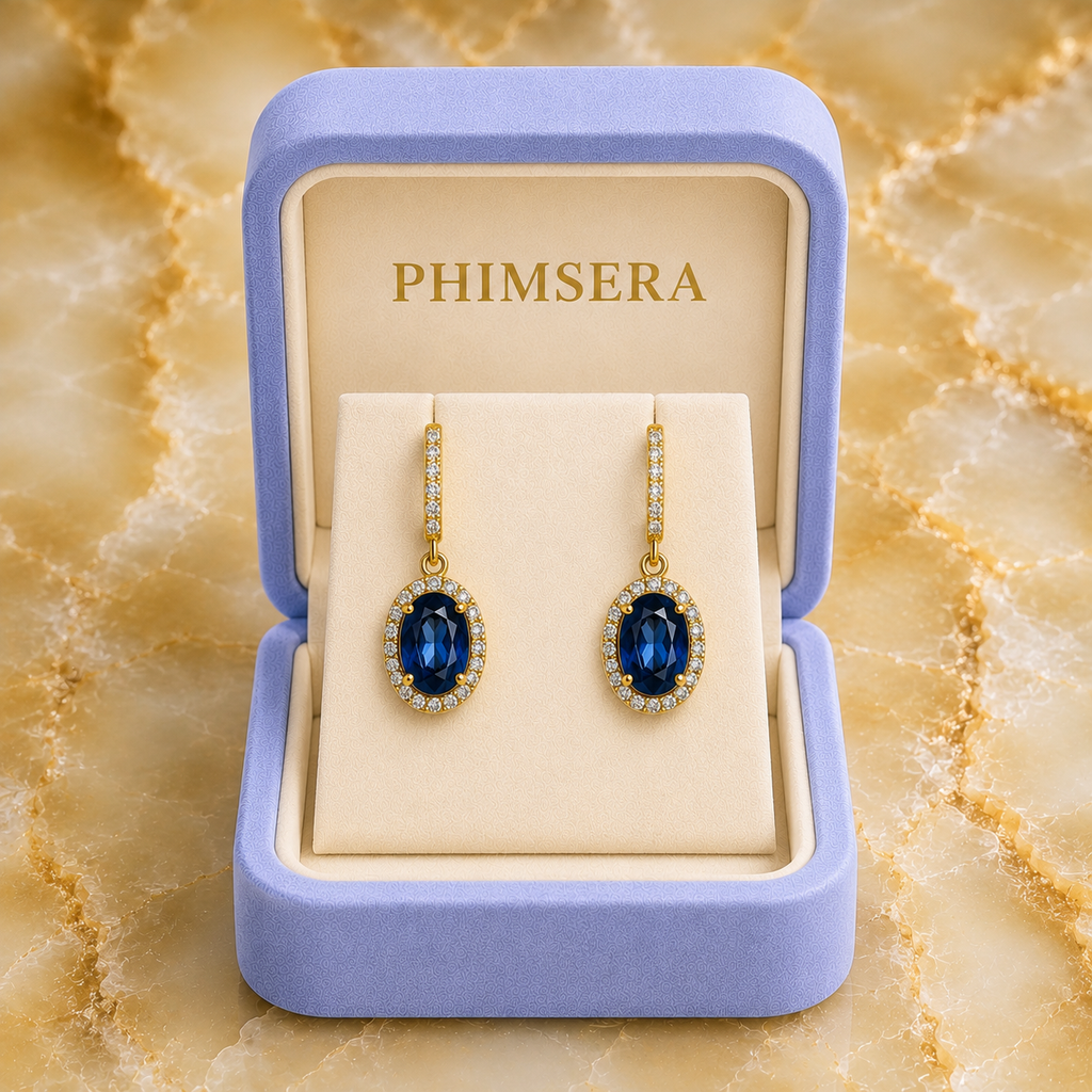 Natural 6x8mm oval London Blue Topaz halo dangle earrings in solid 925 sterling silver with secure leverback closures, available in platinum, yellow gold, or rose gold finish, presented in a PHIMSERA gift box.