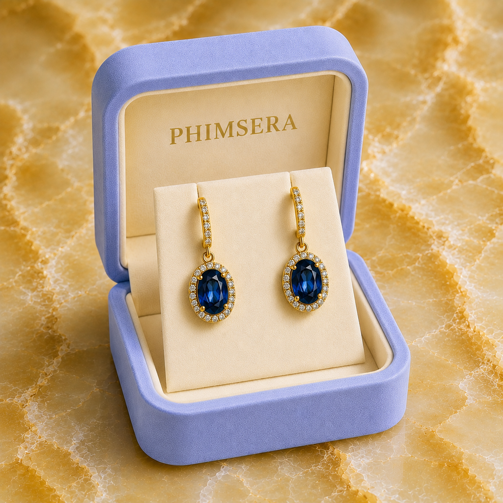 Natural 6x8mm oval London Blue Topaz halo dangle earrings in solid 925 sterling silver with secure leverback closures, available in platinum, yellow gold, or rose gold finish, presented in a PHIMSERA gift box.
