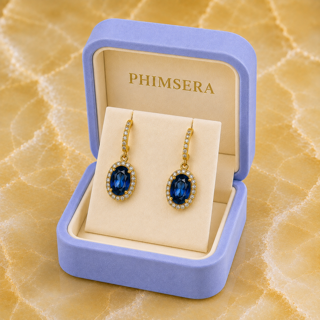Natural 6x8mm oval London Blue Topaz halo dangle earrings in solid 925 sterling silver with secure leverback closures, available in platinum, yellow gold, or rose gold finish, presented in a PHIMSERA gift box.