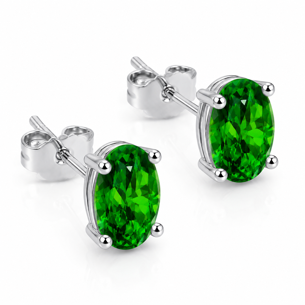 45 degree view of natural 4x6mm chrome diopside stud earrings in sterling silver