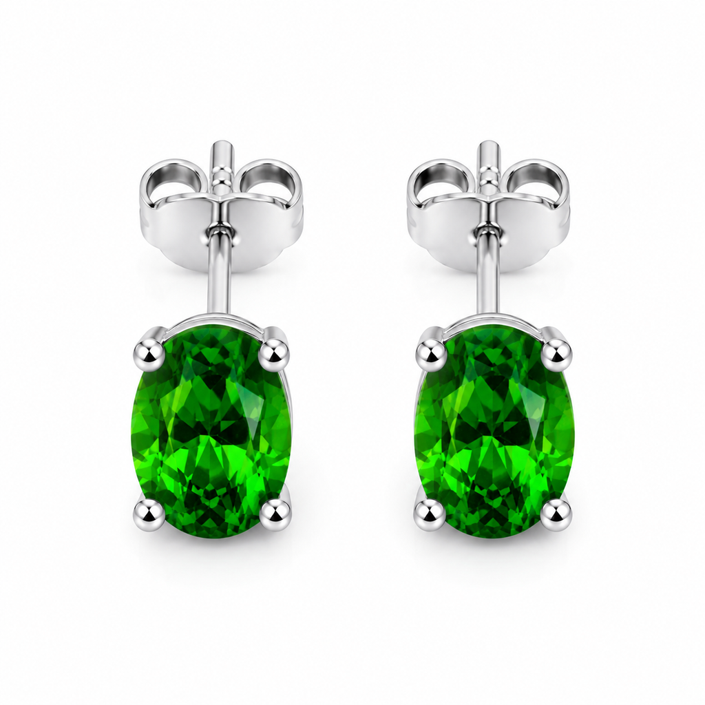 Top view of natural oval chrome diopside stud earrings in 925 sterling silver