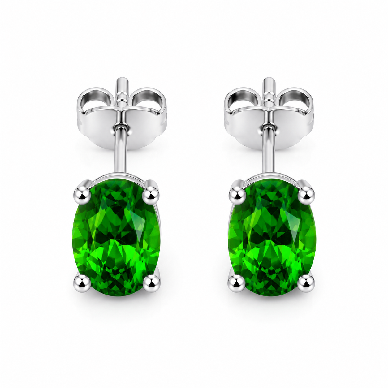 Top view of natural oval chrome diopside stud earrings in 925 sterling silver