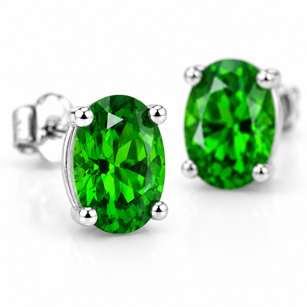 Macro close-up of natural chrome diopside stud earrings highlighting vivid green brilliance and gemstone facets