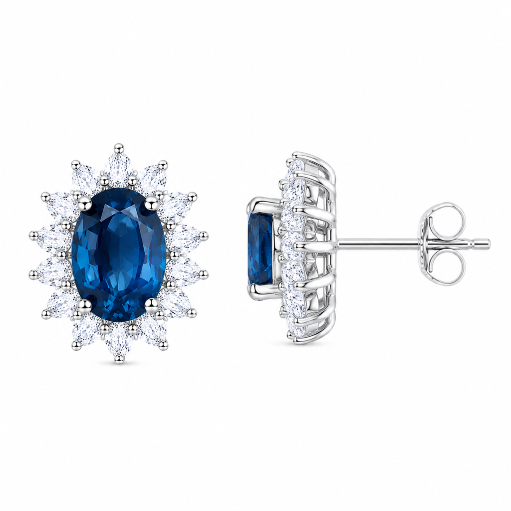 Natural 6x8mm oval London Blue Topaz halo stud earrings in solid 925 sterling silver, available in platinum, yellow gold, or rose gold finish, presented in a PHIMSERA gift box.