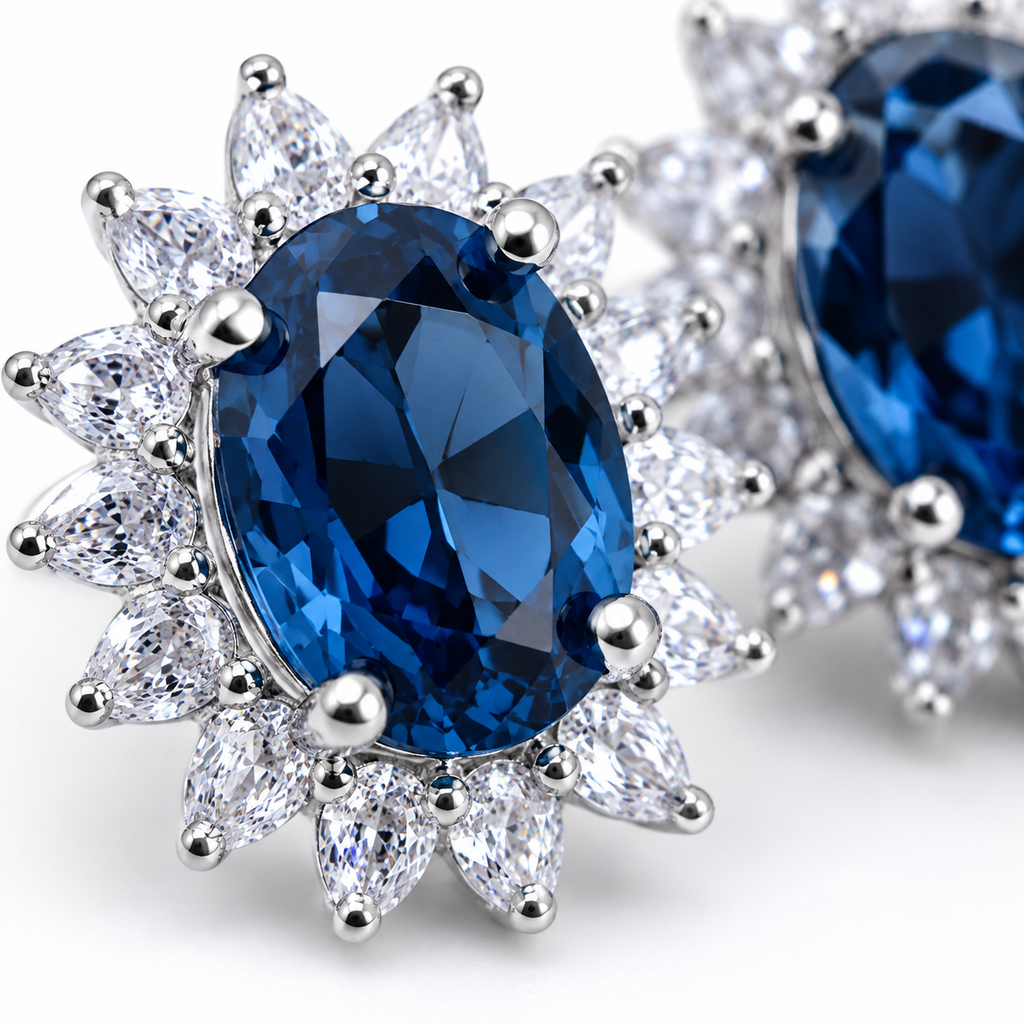 Natural 6x8mm oval London Blue Topaz halo stud earrings in solid 925 sterling silver, available in platinum, yellow gold, or rose gold finish, presented in a PHIMSERA gift box.