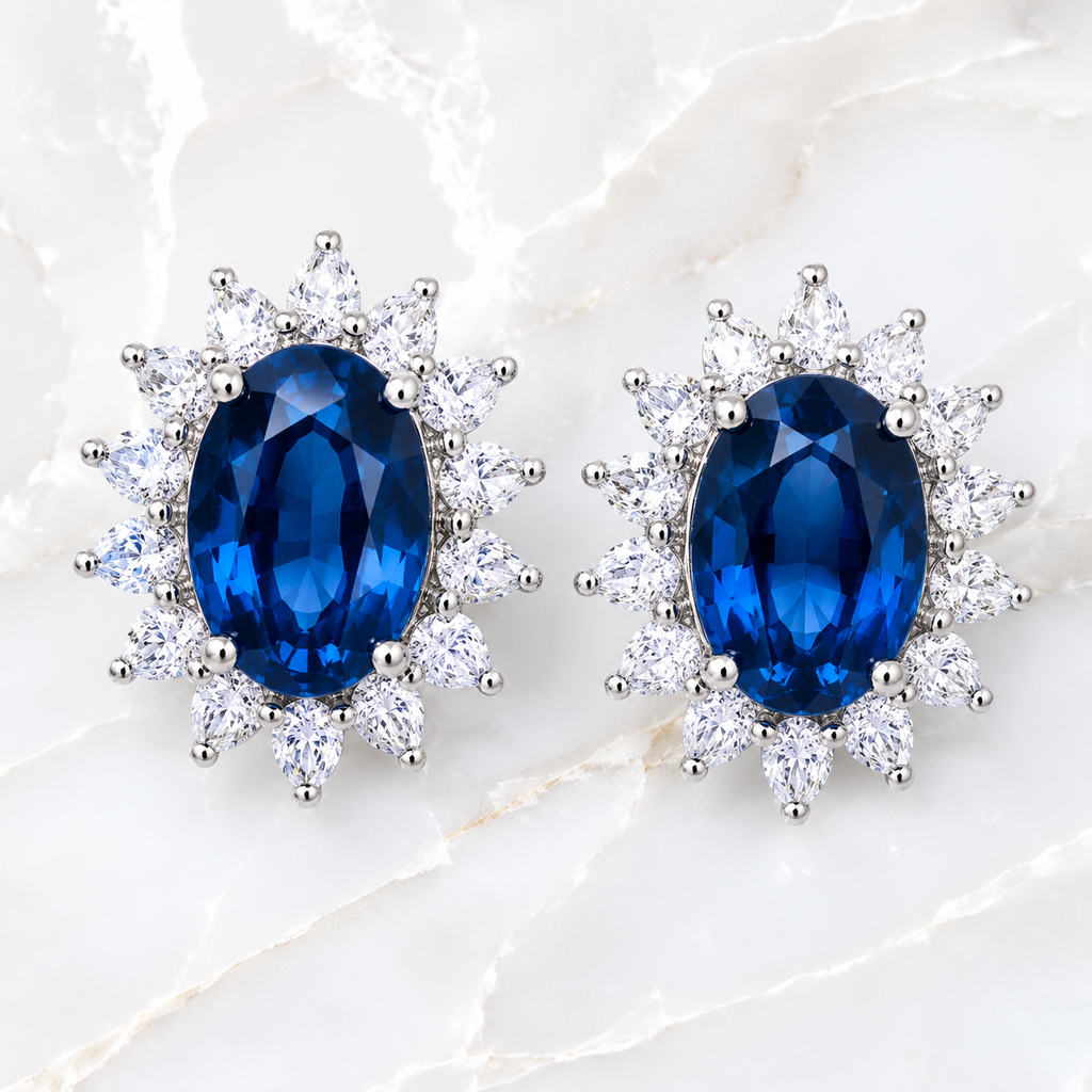 Natural 6x8mm oval London Blue Topaz halo stud earrings in solid 925 sterling silver, available in platinum, yellow gold, or rose gold finish, presented in a PHIMSERA gift box.