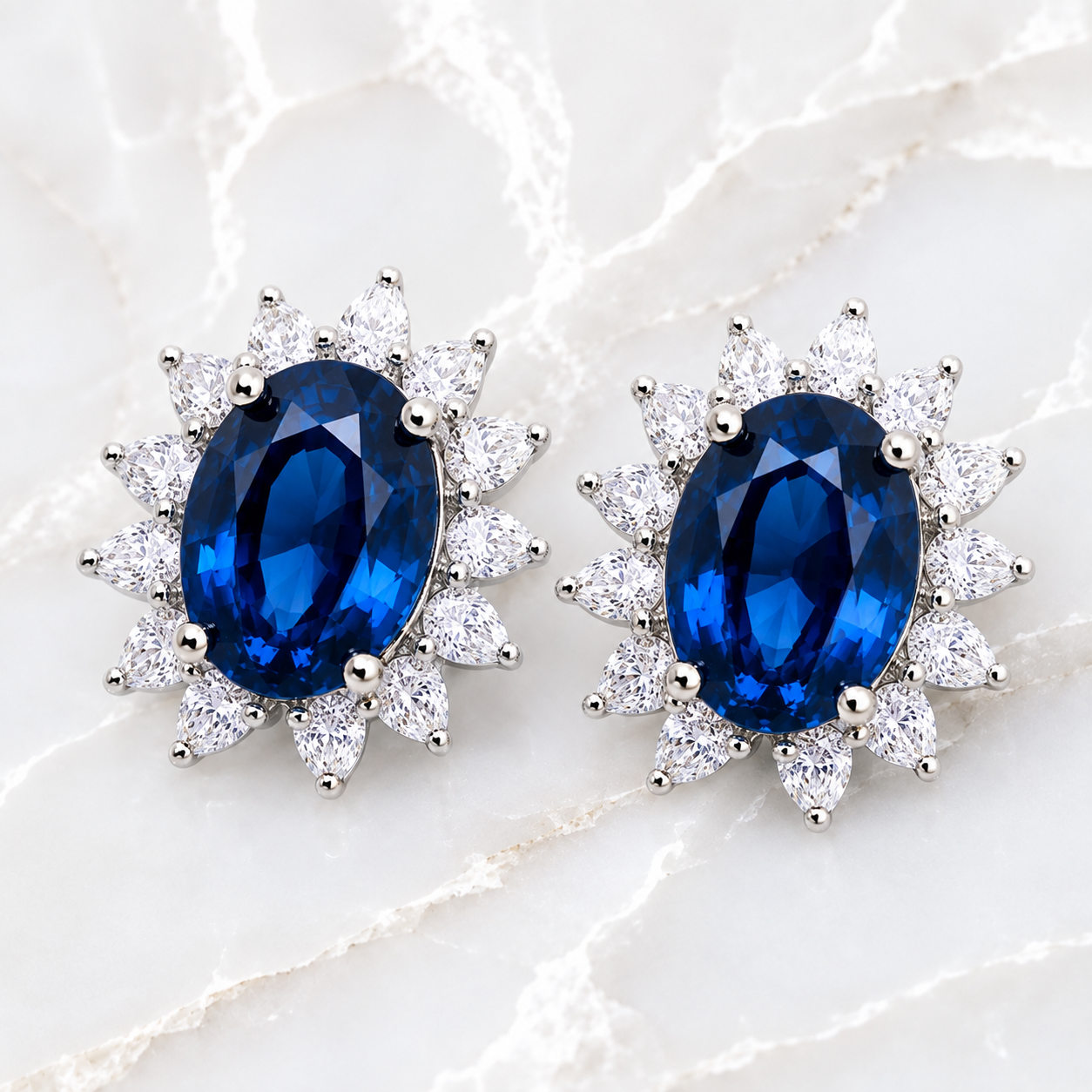 Natural 6x8mm oval London Blue Topaz halo stud earrings in solid 925 sterling silver, available in platinum, yellow gold, or rose gold finish, presented in a PHIMSERA gift box.