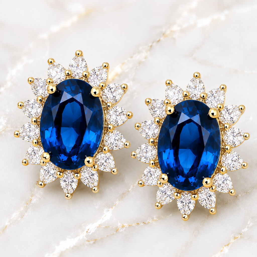 Natural 6x8mm oval London Blue Topaz halo stud earrings in solid 925 sterling silver, available in platinum, yellow gold, or rose gold finish, presented in a PHIMSERA gift box.