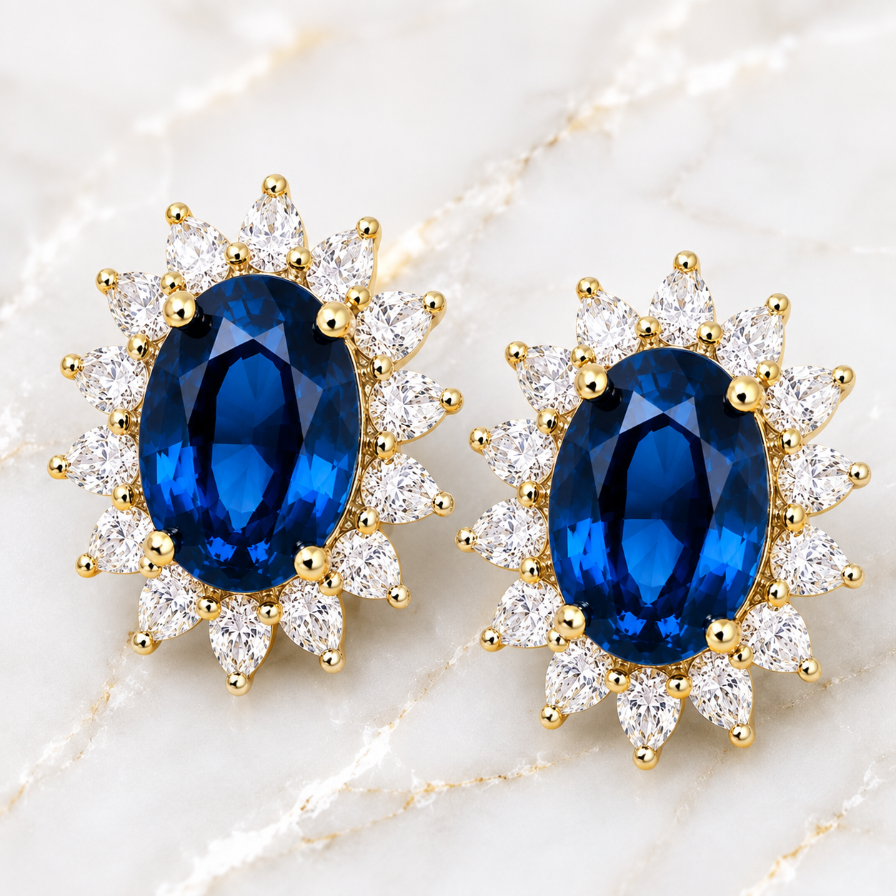Natural 6x8mm oval London Blue Topaz halo stud earrings in solid 925 sterling silver, available in platinum, yellow gold, or rose gold finish, presented in a PHIMSERA gift box.