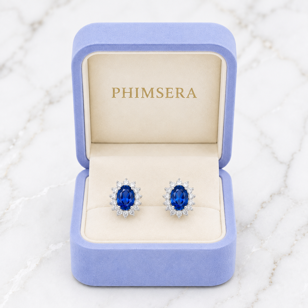 Natural 6x8mm oval London Blue Topaz halo stud earrings in solid 925 sterling silver, available in platinum, yellow gold, or rose gold finish, presented in a PHIMSERA gift box.