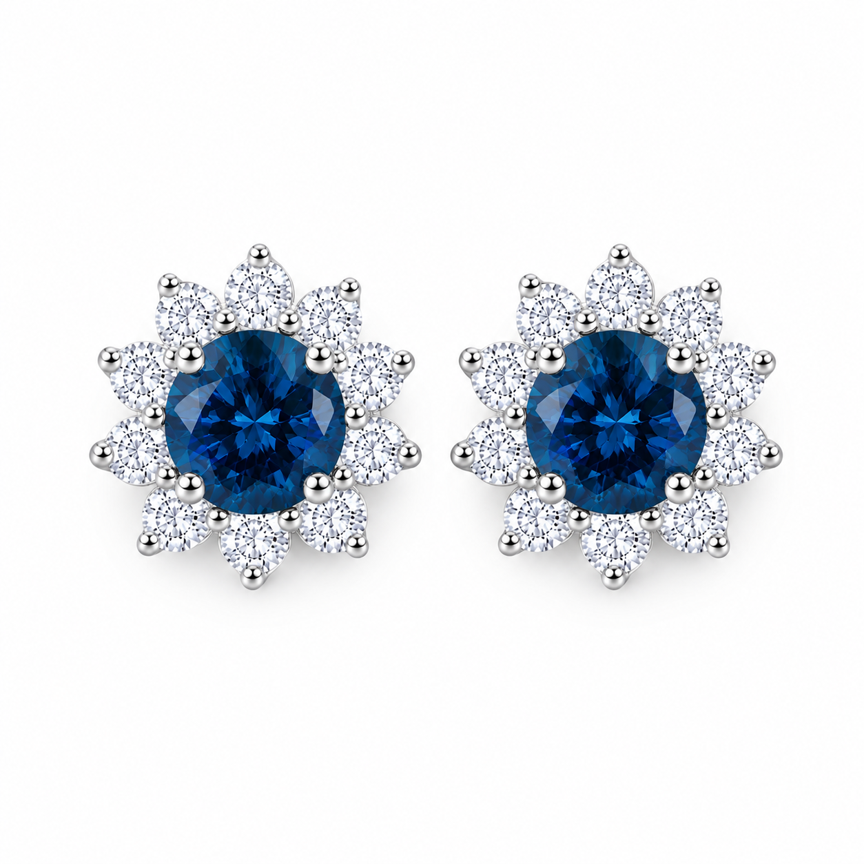 PHIMSERA Natural 5mm round London Blue Topaz floral halo stud earrings in solid 925 sterling silver with platinum plating, available in yellow gold or rose gold plating, presented in a PHIMSERA gift box.