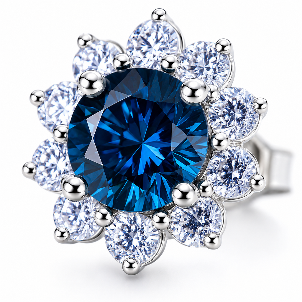 PHIMSERA Natural 5mm round London Blue Topaz floral halo stud earrings in solid 925 sterling silver with platinum plating, available in yellow gold or rose gold plating, presented in a PHIMSERA gift box.