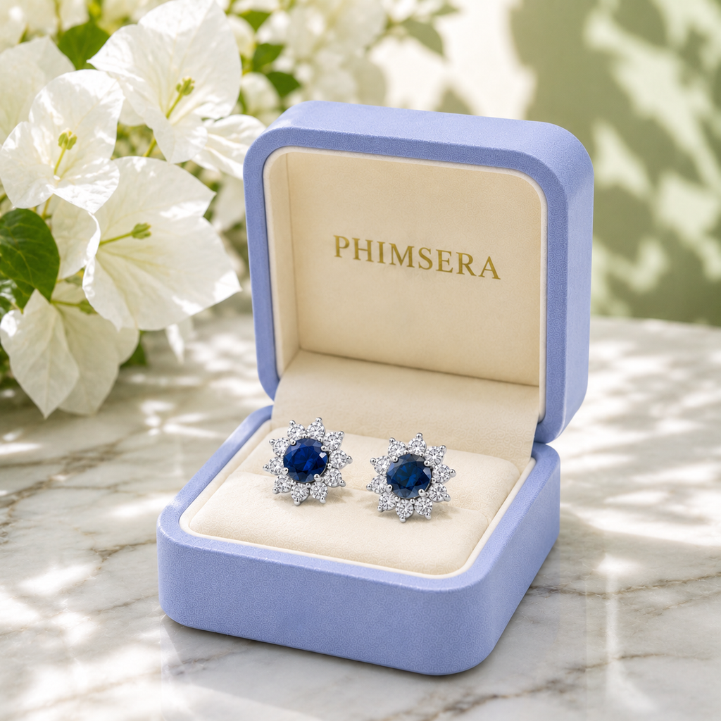 PHIMSERA Natural 5mm round London Blue Topaz floral halo stud earrings in solid 925 sterling silver with platinum plating, available in yellow gold or rose gold plating, presented in a PHIMSERA gift box.