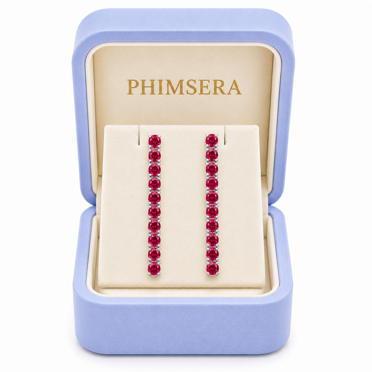 Phimsera 3mm round natural ruby dangle earrings presented inside a Phimsera jewelry box