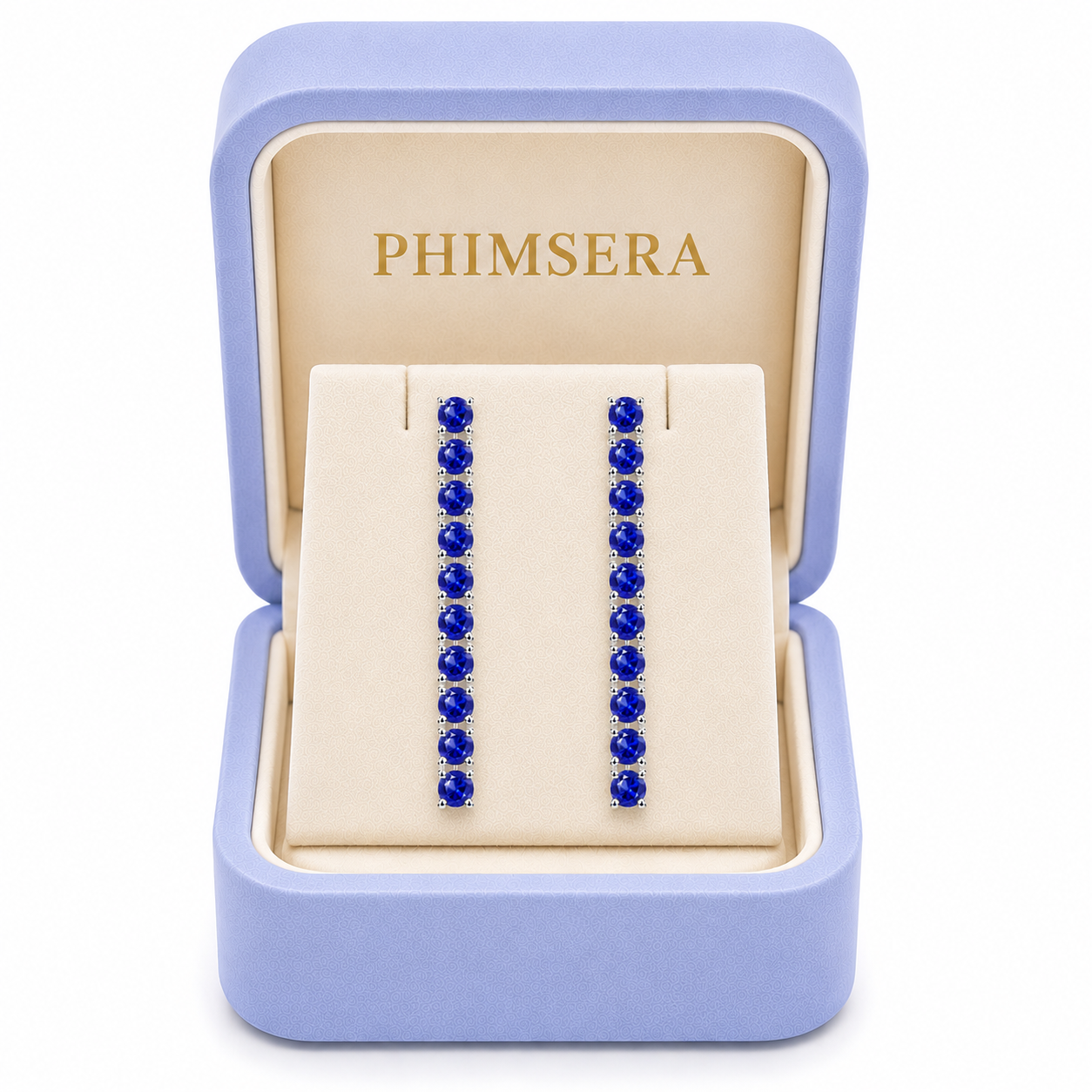 Phimsera 3mm round blue sapphire dangle earrings presented inside a Phimsera jewelry box