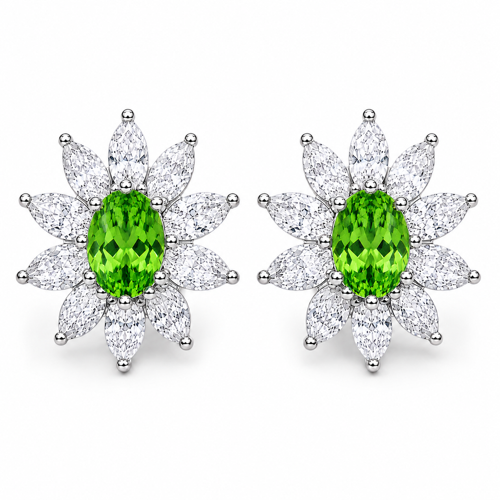 Natural 4x6mm oval tsavorite halo stud earrings in 925 sterling silver with marquise cubic zirconia floral halo on a white background
