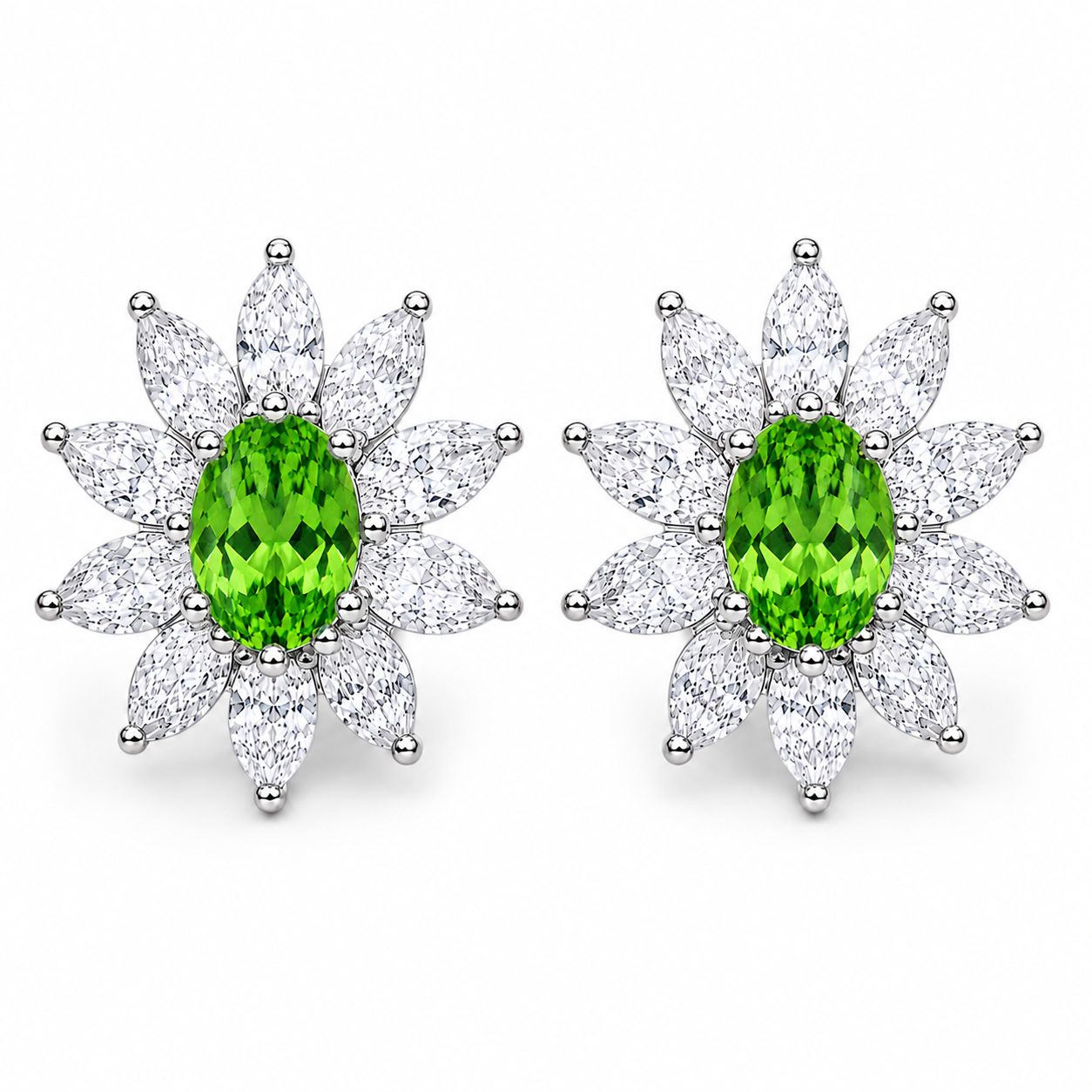 Natural 4x6mm oval tsavorite halo stud earrings in 925 sterling silver with marquise cubic zirconia floral halo on a white background