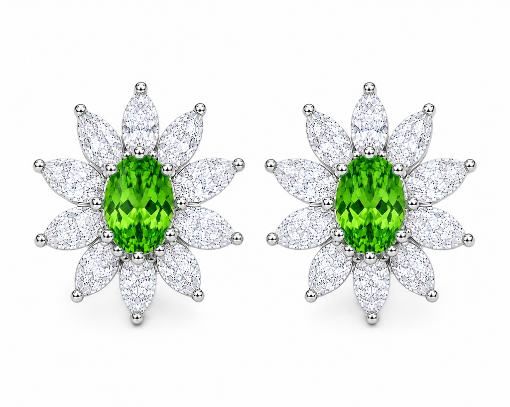 Top-down view of natural 4x6mm tsavorite halo stud earrings
