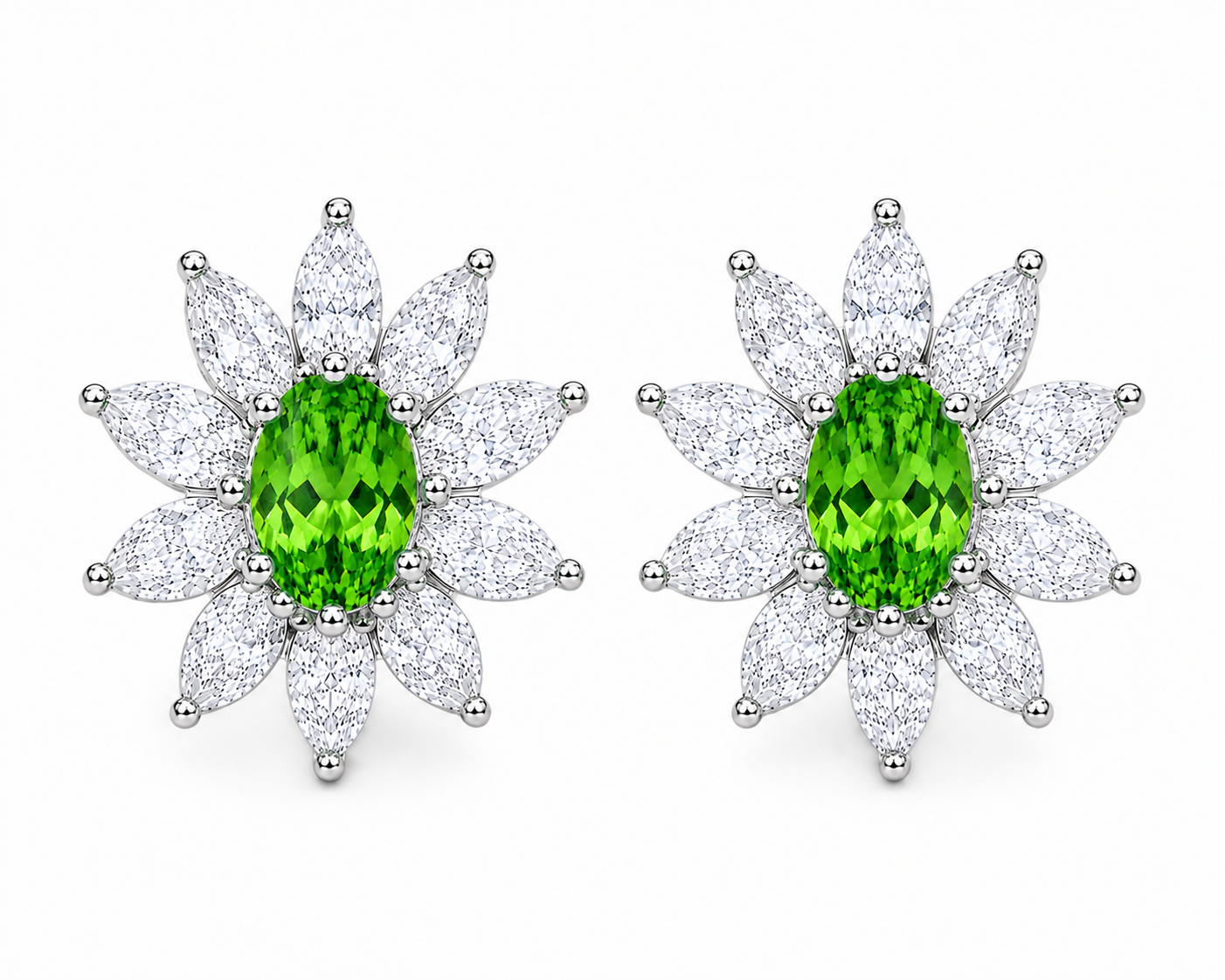 Top-down view of natural 4x6mm tsavorite halo stud earrings