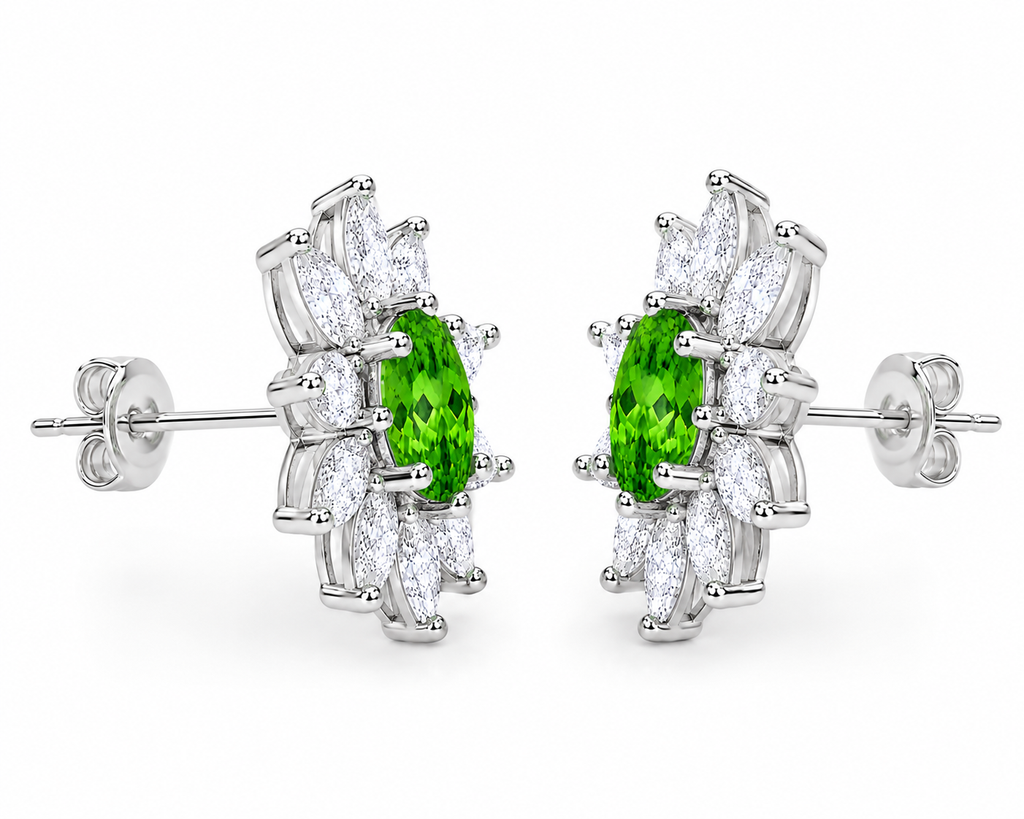 Side profile of tsavorite floral halo stud earrings showing basket setting