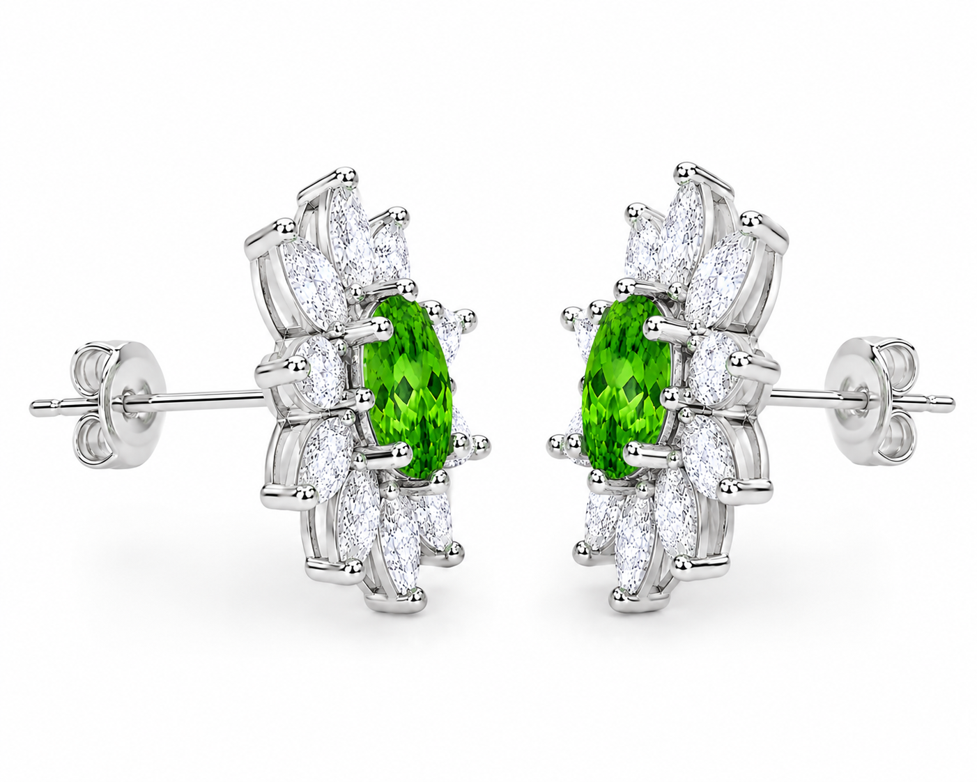 Side profile of tsavorite floral halo stud earrings showing basket setting