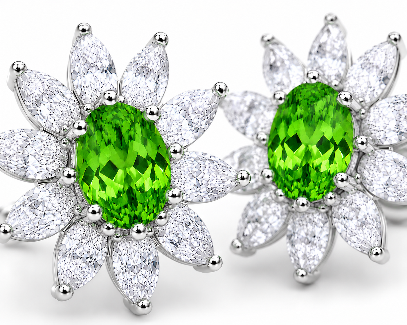 Macro close-up of natural tsavorite halo stud earrings highlighting vivid green gemstones and sparkling marquise cubic zirconia