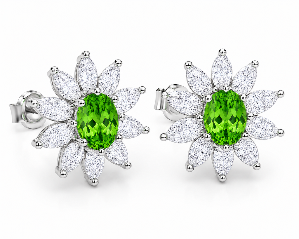 45-degree view of natural tsavorite floral halo stud earrings in sterling silver