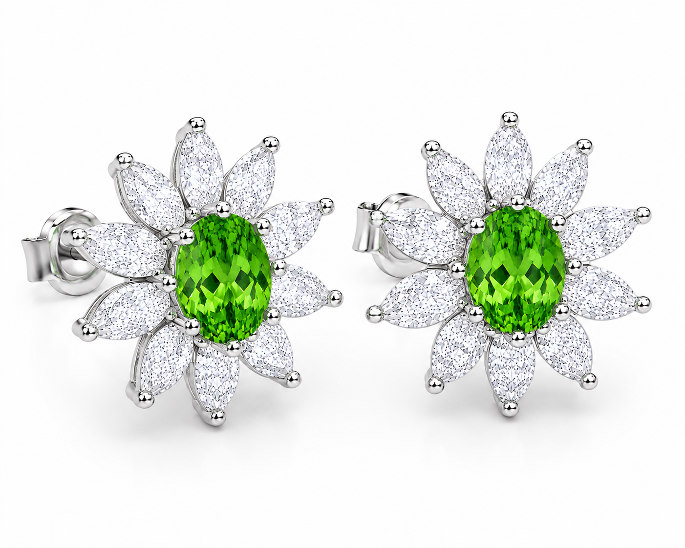 45-degree view of natural tsavorite floral halo stud earrings in sterling silver