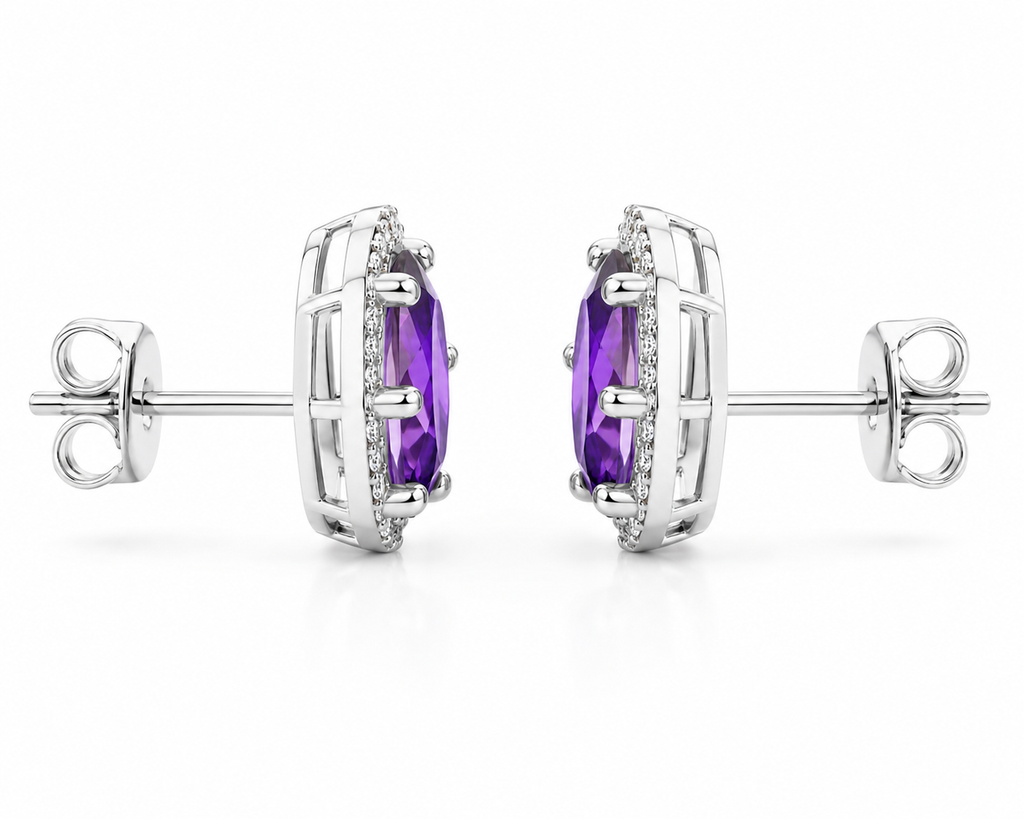 Side profile of amethyst halo stud earrings showing open basket setting