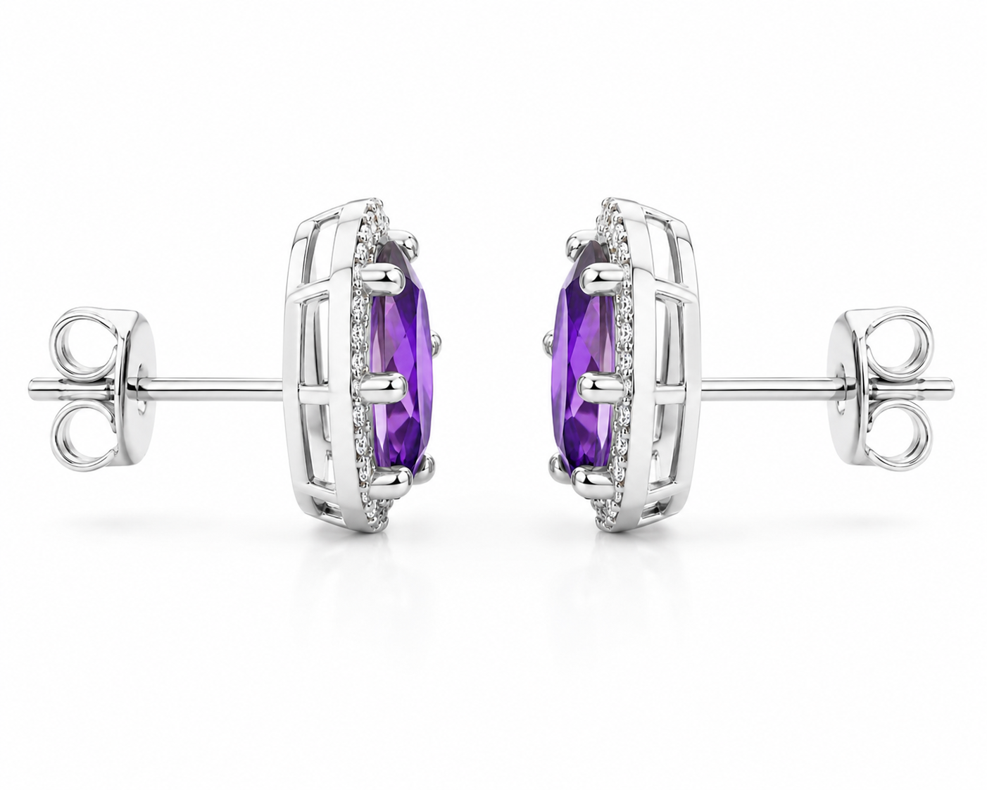 Side profile of amethyst halo stud earrings showing open basket setting