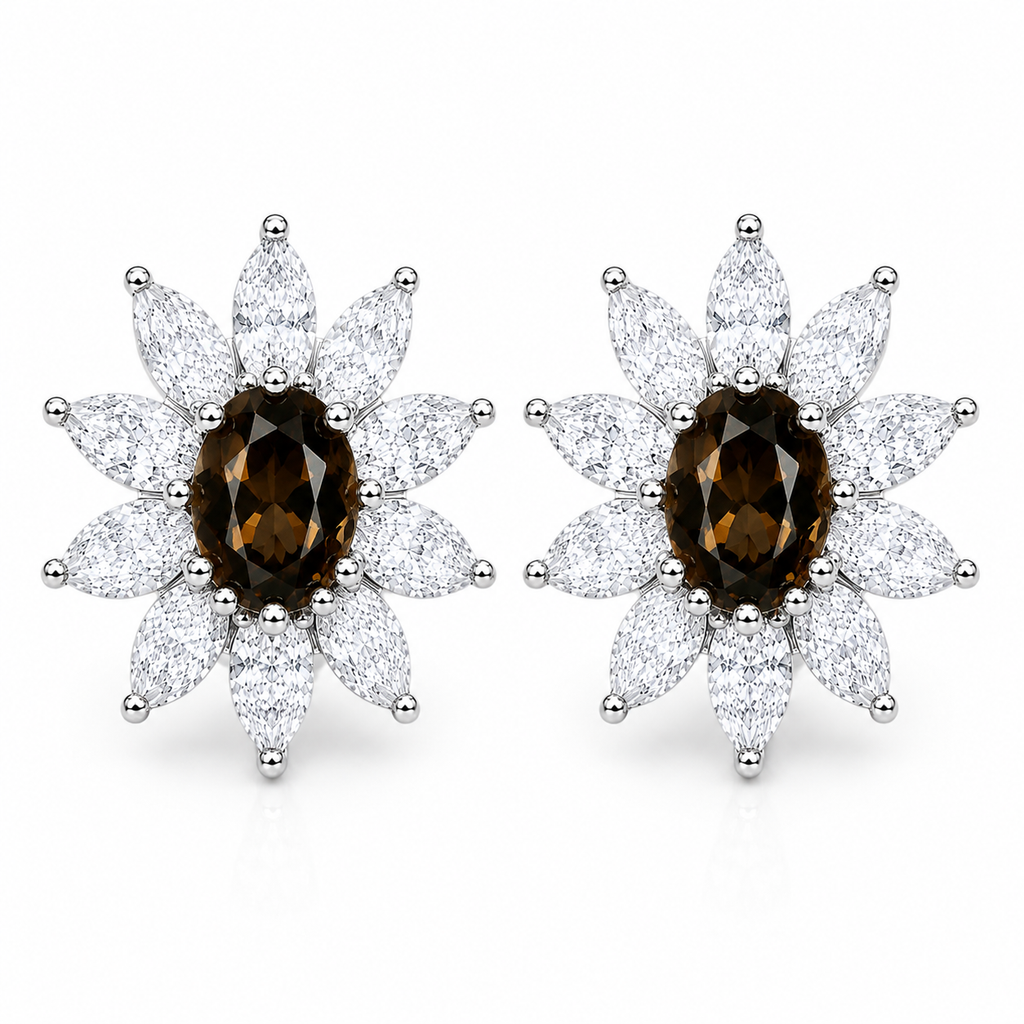 Natural 4x6mm smoky quartz floral halo stud earrings with marquise cubic zirconia in 925 sterling silver